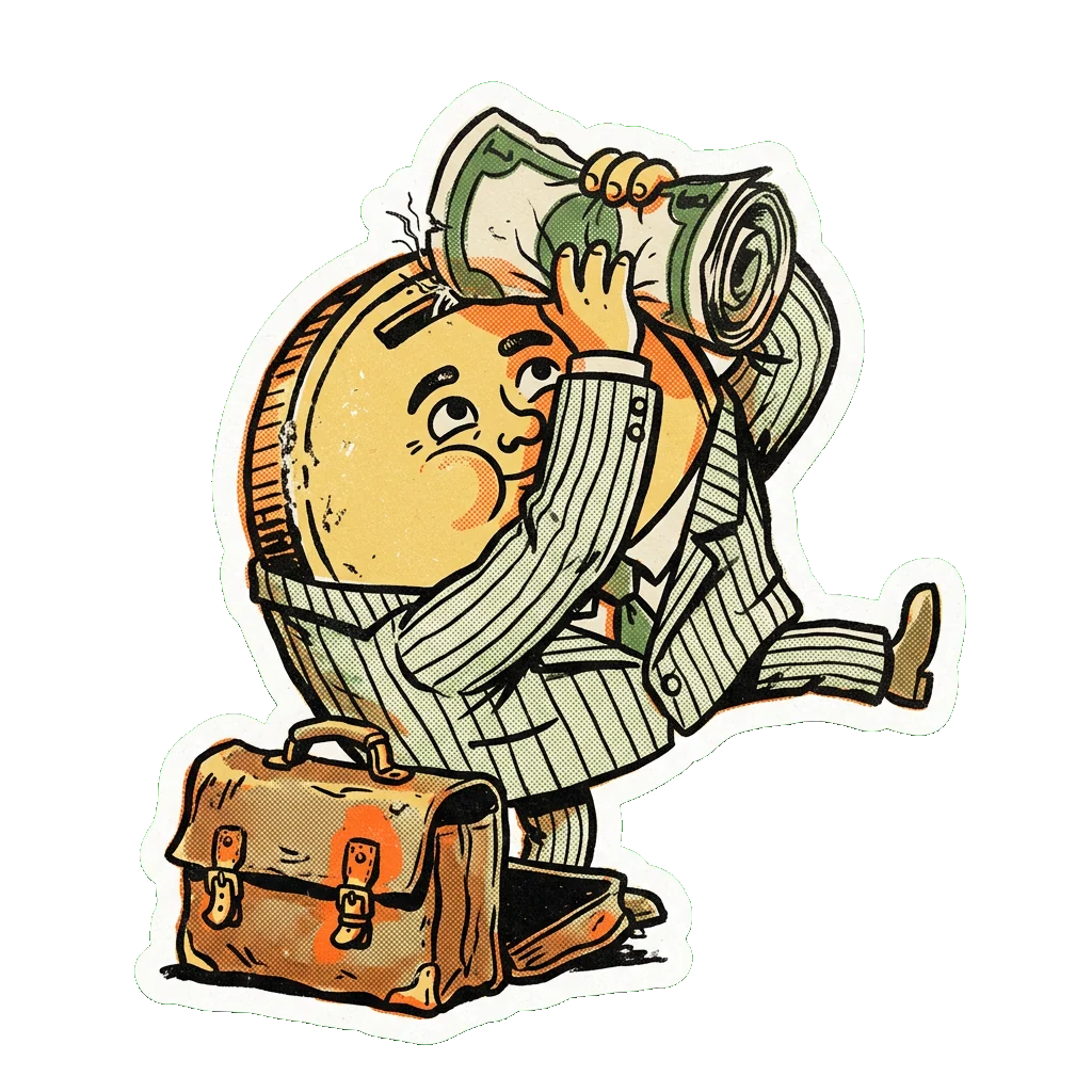 MERV pushing a rolled banknote into the slot on top of his head