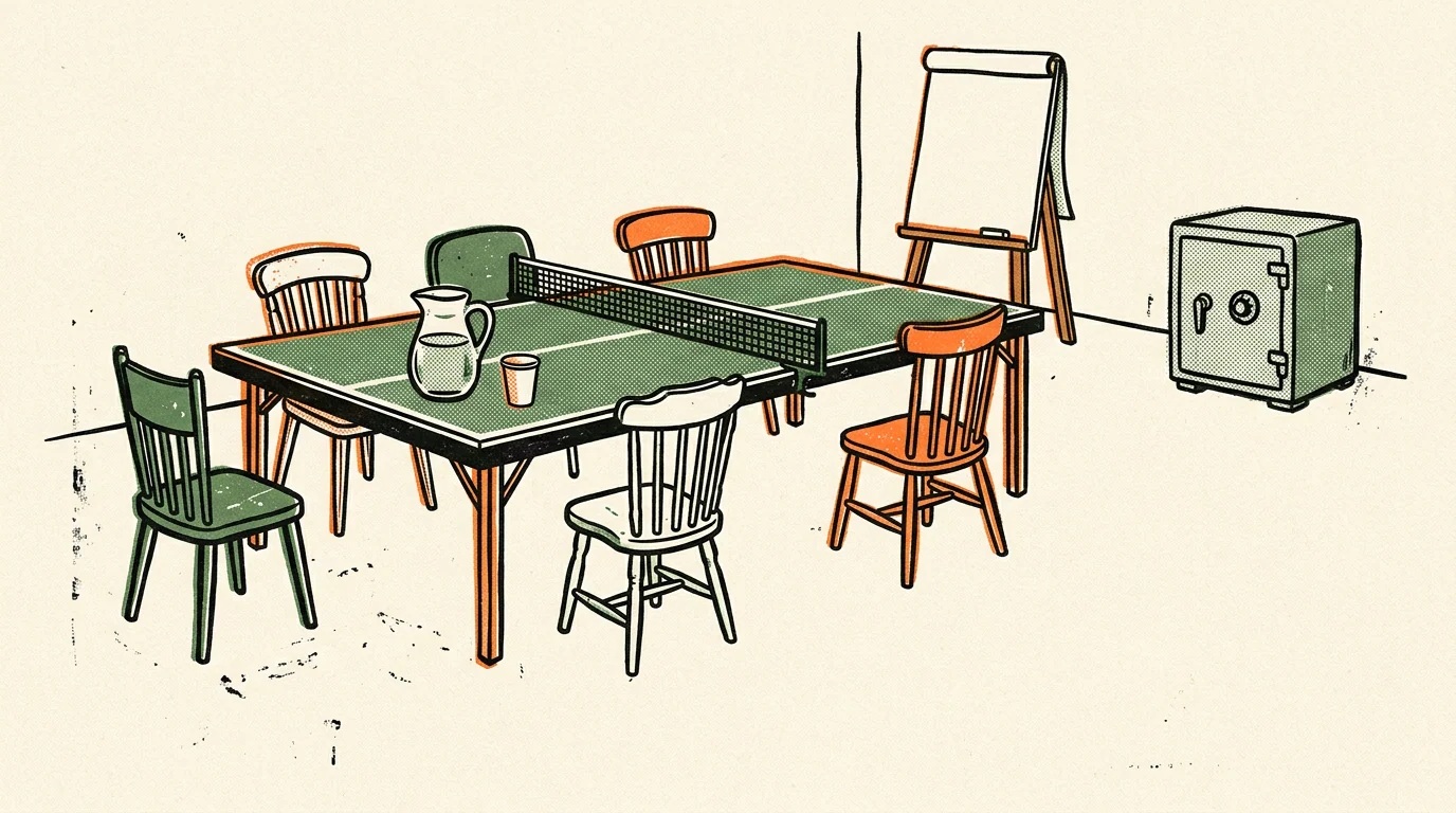 A boardroom made from a ping pong table, mismatched kitchen chairs and a grey safe in the corner